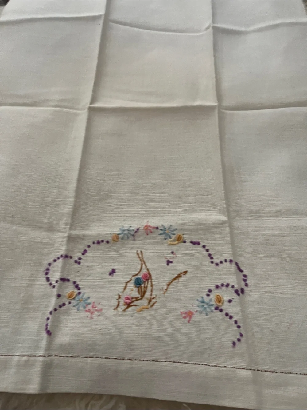 Embroidered Floral Linen Hand Towel in White with Pastel Accents